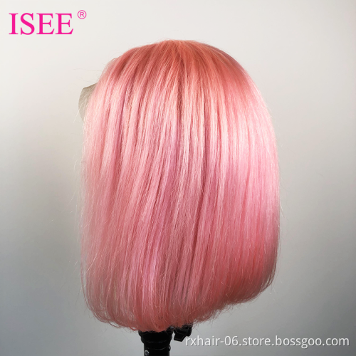 Hot Sale Human Hair Full Lace Frontal Colord Wig Vendors,Wholesale Transparent Lace Frontal Bob Pink Ombre Wigs